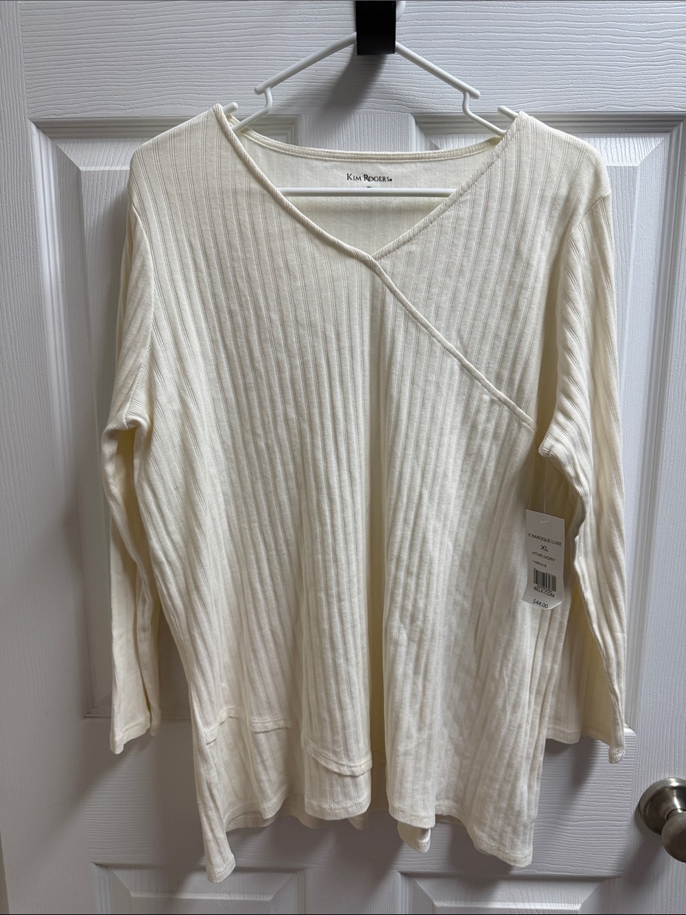 Kim Rogers Ivory Ribbed V-Neck Long Sleeve Top